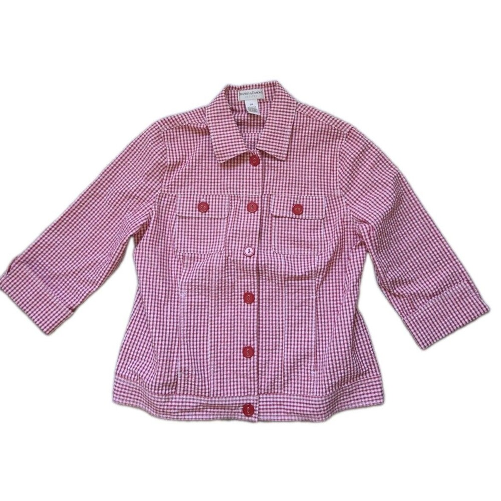 Draper's & Damon's Petites Red White Gingham Button Front Jacket 3/4 Sleeve PM